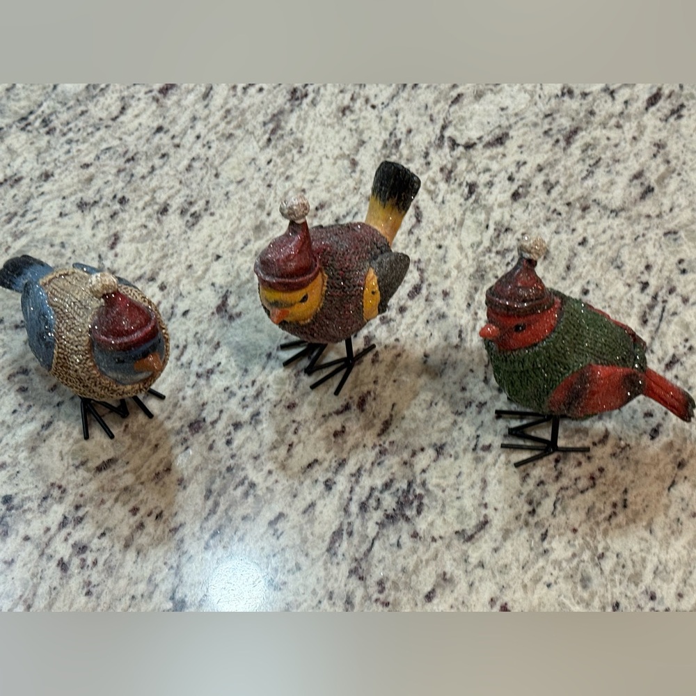 Festive Bird Figurines with Hats. NEW please look at pictures to see details.